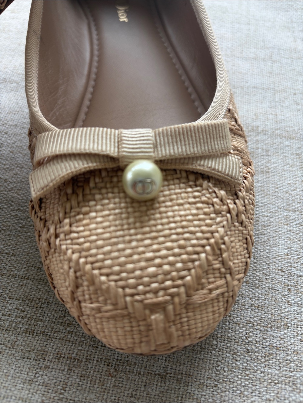 Dior Nude Raffia Bow Pearl-Accent Ballet Flats - Picture 2 of 7